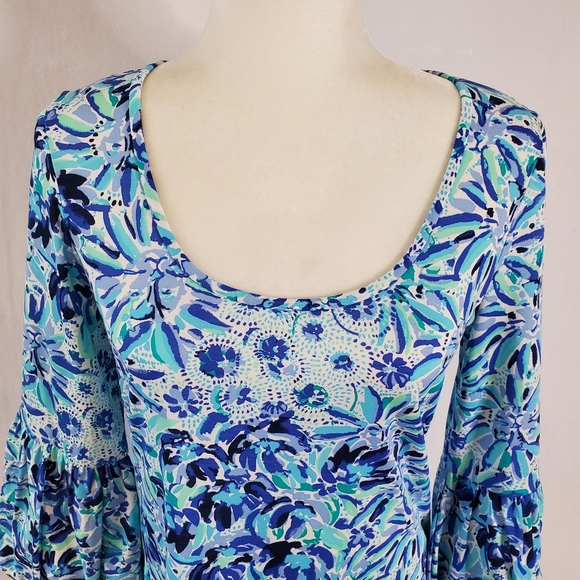 Lilly Pulitzer Carlile Small Blue Iris High Mainten Blouson Sleeve Pima Beach S - Picture 6 of 13